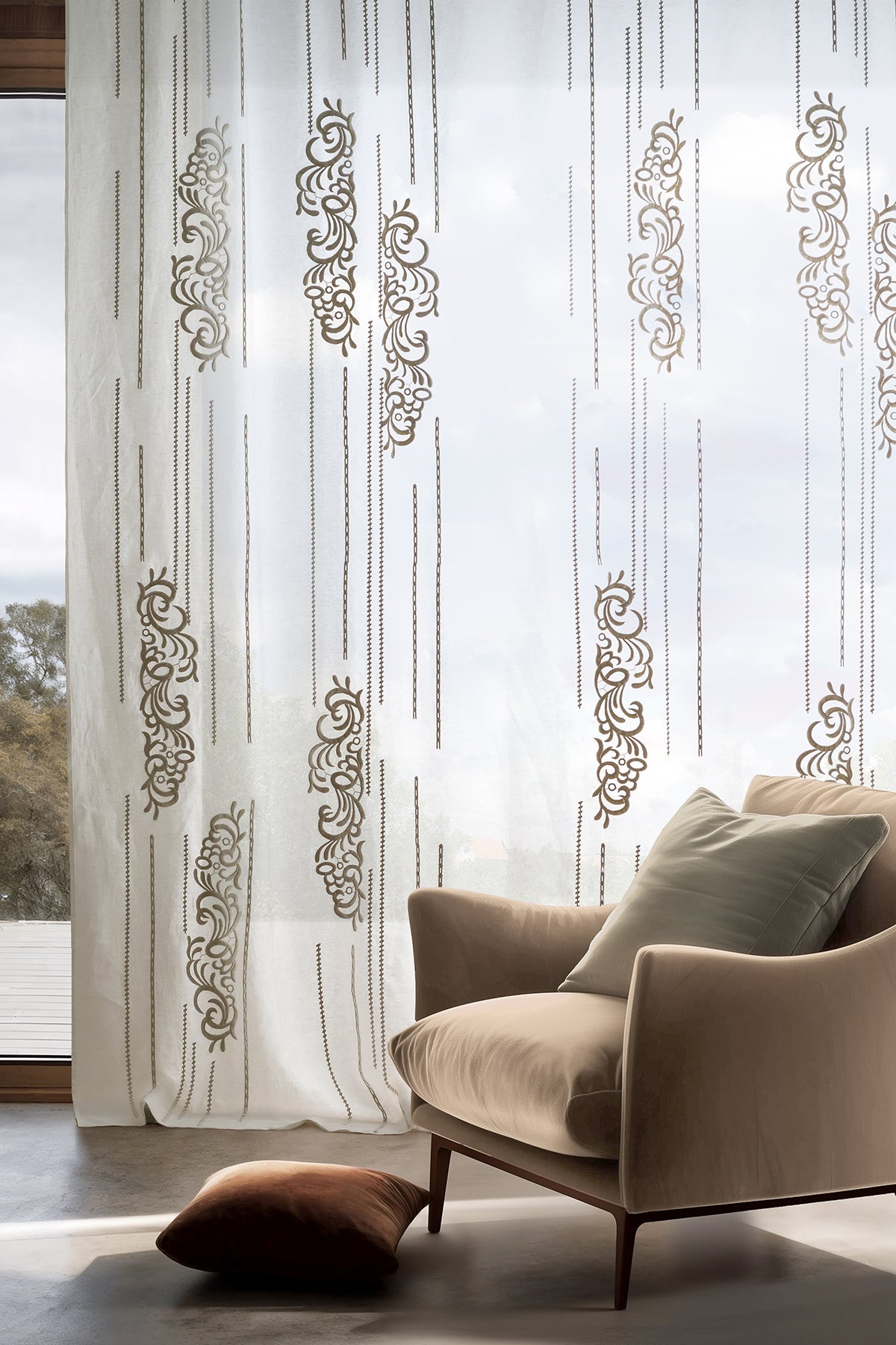 Rituality Set Di 2 Tende A Filo Con Dettagli Macramè, Cotone E Poliestere, Larghezza 90 Cm X Altezza 200 Cm, Colore Beige - Include Barra